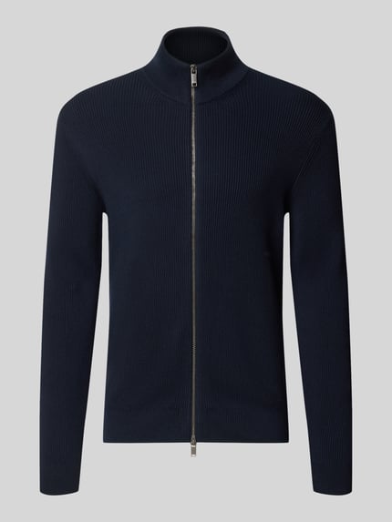 Produktfoto, dunkelblaue Strickjacke mit Stehkragen Modell 'LEVI' von MCNEAL aus Baumwoll-Mix, gerader Schnitt, Zwei-Wege-Reißverschluss