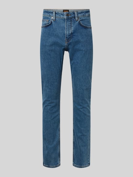 Productfoto, Slim Fit Jeans uit katoenmix model 'DELAWARE' van BOSS Orange, melange look, 5-pocket, blauwe denim, label patch.