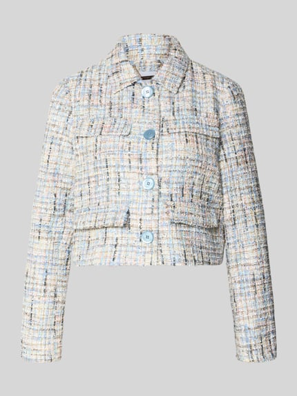 Produktfoto, Regular Fit Blazer in Bouclé-Optik von Rich & Royal, Material-Mix mit Woll-Anteil, Umlegekragen, Knopfleiste, Pattentaschen, strukturierte Textur, sanfte Farbtöne, Rückenlänge 45 cm, Brustweite 41 cm, Ärmellänge 61 cm Größe 36.