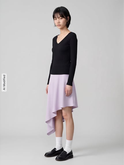 Kobiece model prezentuje Slim Fit bluzka z długim rękawem z mieszanki bawełny Model 'Dumille' od HUGO, jednokolorowy, fakturowany wzór, detal z logo, dekolt w serek, rękawy długie, wykończenie prążkowaną dzianiną, materiał: mieszanka bawełny, ujęcie całej sylwetki z przodu, KI-modifiziertes Bild.