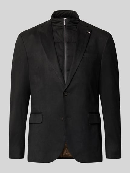 Produktfoto, Regular Fit Sakko mit herausnehmbarer Steppweste von BUGATTI in Schwarz, Reverskragen, 2-Knopf-Verschluss, Label-Detail, unifarbene Optik, glatte Textur, klare Kanten, Brusttasche und seitliche Eingrifftaschen