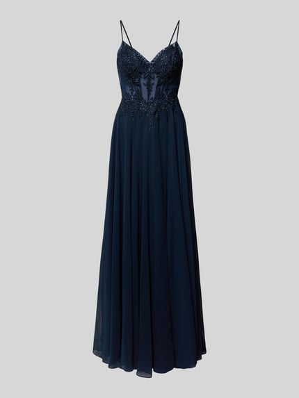Produktfoto, Regular Fit Abendkleid mit floralem Spitzenbesatz von Luxuar in Dunkelblau, semitransparentes Design, blickdichter Unterrock