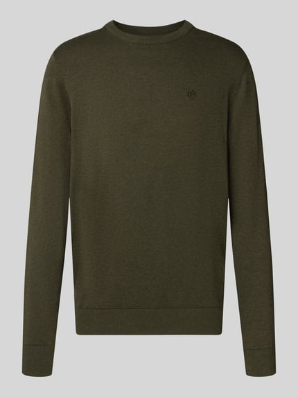 Productfoto, Relaxed Fit Strickpullover aus reiner Baumwolle van bugatti, Heren gebreide pullover in donkergroen, ribboorden, ronde hals, puur katoen