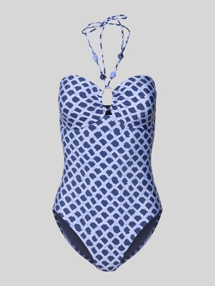 Produktfoto, Slim Fit Badeanzug mit Ziersteinbesatz Modell 'Marseille' von Seafolly, elastyczna mieszanka materiałów, krój slim fit, neckholder, wycięcie na plecach, wzór w niebieskie i białe romby, tekstura gładka