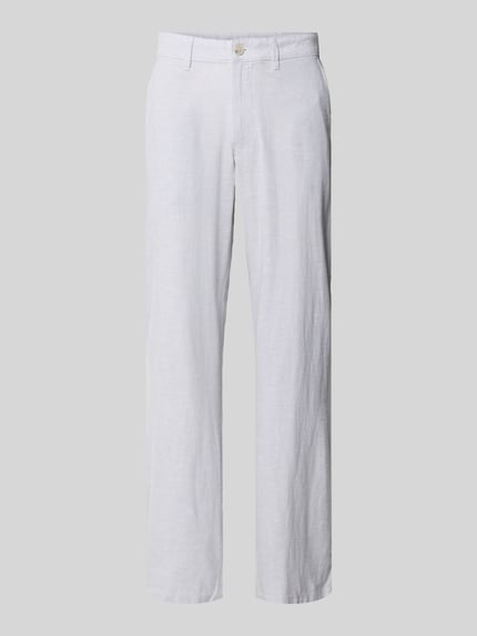 Produktfoto, Hose aus Leinen-Viskose-Mix mit Eingrifftaschen von Christian Berg Men, hellgrau, Regular-Fit, glatte Textur, Knopf- und Reißverschluss, Bundweite 47 cm, Innenbeinlänge 78 cm bei Größe 50.