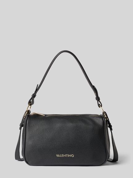 Produktfoto, schwarze Henkeltasche mit Label-Schriftzug Modell 'THAOE RE' von Valentino Bags, leicht genarbte Lederoptik, goldene Details