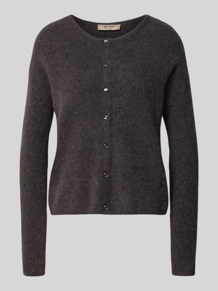 Produktfoto, Strickjacke aus Alpaka-Mix von MOS MOSH in Dunkelgrau mit geripptem Rundhalsausschnitt und Knopfleiste, lockere Passform, Damenmode