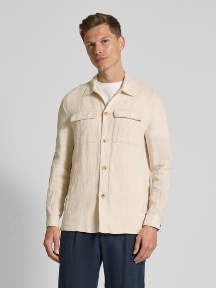 Manuel Ritz Regular fit linnen overhemdjack met klepzakken op de borst Offwhite - 4