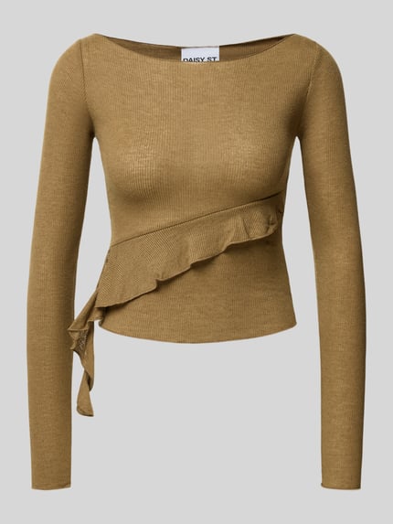 Produktfoto, Cropped Longsleeve mit Volant von DAISY STREET in Braun, Ripp-Optik, U-Boot-Ausschnitt, figurbetont, 46 cm Rückenlänge bei Größe S