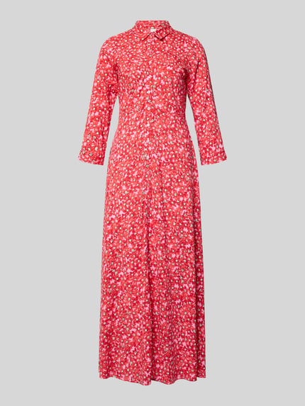 Produktfoto, overhemdjurk uit zuiver viscose met all-over look in rood met witte bloemen, A-lijn, maxi-jurk, knoopsluiting, model 'SAVANNA' van YAS, ruglengte maat S: 140 cm, borstwijdte: 47 cm, mouwlengte: 49 cm