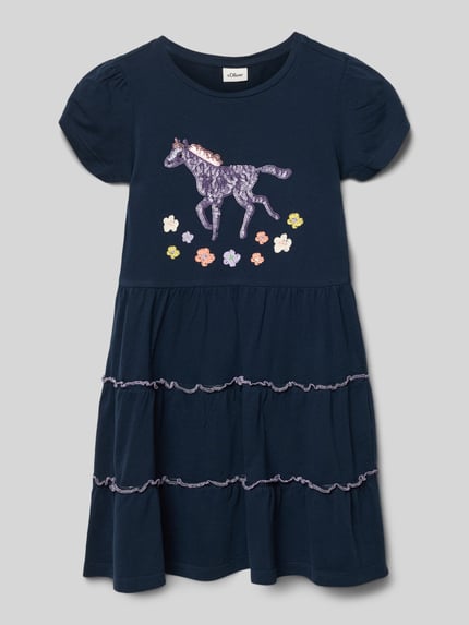 Productfoto, Tailliertes Freizeitkleid aus reiner Baumwolle van s.Oliver RED LABEL, look: effen kleuren, getailleerd, midilengte, ronde hals, korte mouw, motiefprint met pailletten en volantzoom, materiaalverwerking: jersey, materiaal: puur katoen