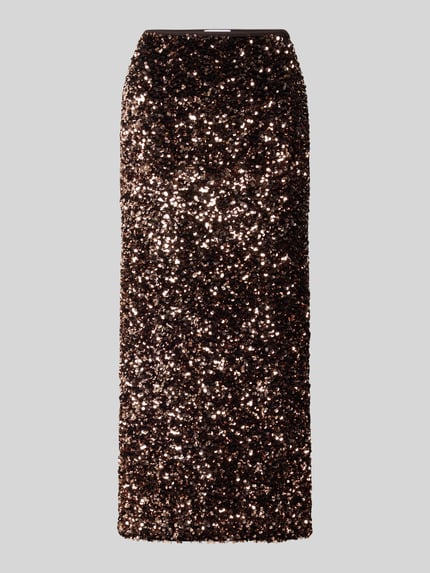Produktfoto, Midirock mit Pailletten und Gehschlitz von Rich & Royal, gerader Schnitt, Allover-Pailletten, elastischer Bund, braune Farbnuancen, Bundweite bei Größe S: 39 cm, Gesamtlänge bei Größe S: 86 cm, strukturierte, glitzernde Oberfläche
