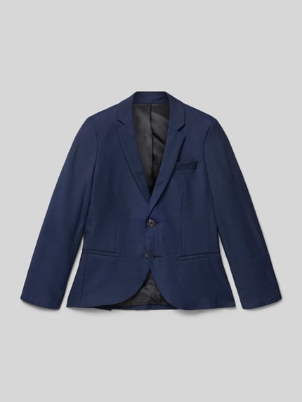 Produktfoto, Żakiet z mieszanki materiałów z mieszanką wełny lana, krój regular fit, kołnierz z połami, zapięcie na guzik, niebieski, model 'SOLARIS' od Jack & Jones, długość tyłu 49 cm, szerokość ramion 31 cm, długość rękawów 45 cm, dziecięcy styl elegancki.
