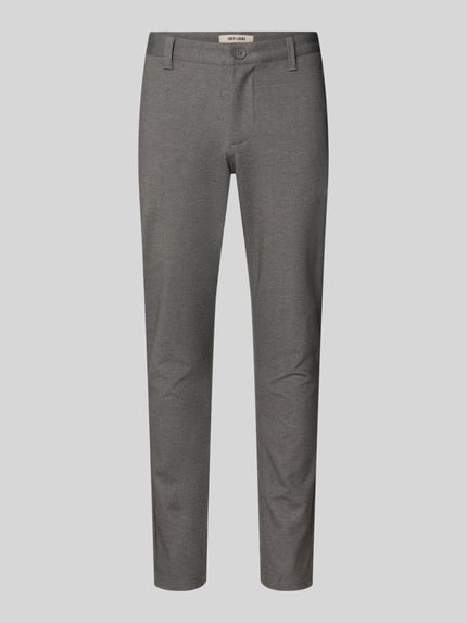 Produktfoto, Slim Fit Chino aus Viskose-Mix Modell 'MARK' van Only & Sons in uni melange grijs met label-applicatie, riemlussen, knoop- en ritssluiting, steekzakken en achterzakken, materiaal viscose-mix