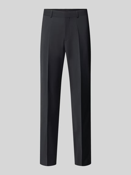 Produktfoto, Regular Fit Business-Hose aus Wolle mit Bundfalte von HUGO in Schwarz, unifarben mit Struktur, Gürtelschlaufen, Bundfalte, Bügelfalten, Schiebehaken, verdeckter Reißverschluss, seitliche Eingrifftaschen und Gesäßtaschen, Webware