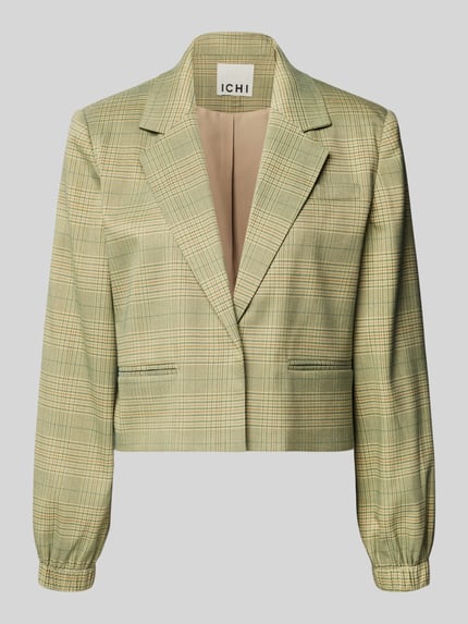 Produktfoto, Regular Fit Blazer mit elastischen Ärmelabschlüssen Modell 'Joli' von ICHI, elastyczna mieszanka materiałów z dodatkiem wiskozy, krój regular fit, kołnierz z połami, kieszeń na piersi, kieszenie z wypustkami, długość tyłu w rozmiarze 36: 48 cm, szerokość w rozmiarze 36: 40 cm, długość rękawów w rozmiarze 36: 60 cm, wzór w kratę, jasne odcienie beżu i zieleni, gładka tekstura