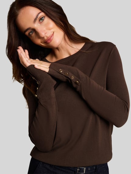 Tom Tailor Regular Fit Pullover aus Viskose-Mix mit Knopfdetails am Ärmel Dunkelbraun 3
