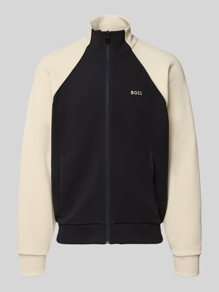 Produktfoto, Regular Fit Sweatjacke aus katoenmix van BOSS Green in tweekleurige look met opstaande kraag, ritssluiting, contraststrepen, piqué structuur en zij-steekzakken.