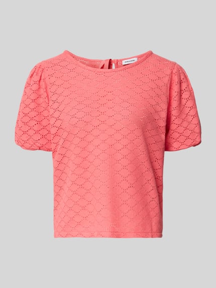 Productfoto, Strickshirt mit Puffärmeln van More & More in katoenmix, regular fit, ronde hals, korte mouwen, ruglengte 55 cm, roze met ajourstructuur