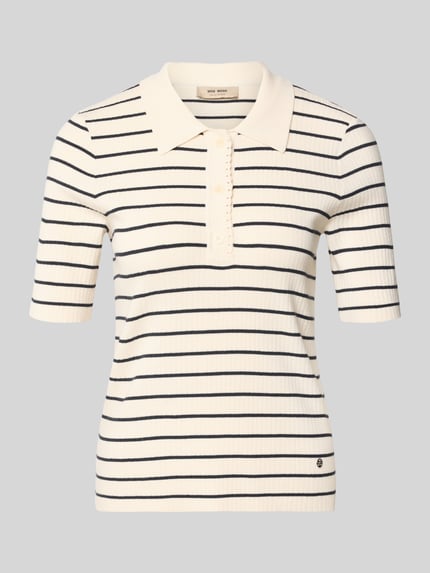 Produktfoto, Strickshirt mit Streifenmuster Modell 'Caliz' von MOS MOSH in Creme mit schwarzen Streifen, Viskose-Mix mit Seiden-Anteil, Regular-Fit, Ripp-Optik, Polokragen, Knopfleiste, Rückenlänge 54 cm, Ärmellänge 26 cm, Damen