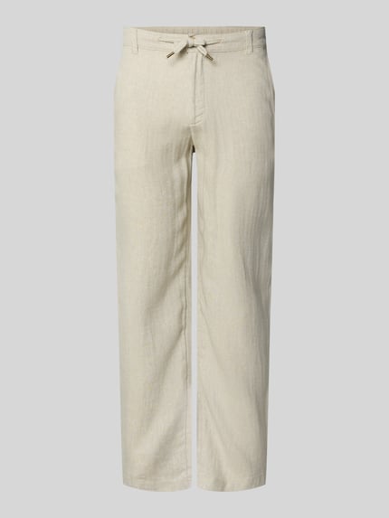 Productfoto, Leinenhose mit Bindegürtel Modell 'KARL MYKONOS' van Jack & Jones, relaxed fit, linnen-viscose mix, Franse steekzakken, knoop- en ritssluiting, bindriem, achterzak met paspel, taillewijdte maat M 41 cm, binnenbeenlengte maat M 78 cm, lichtbeige kleur, subtiele textuur