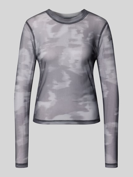 Produktfoto, Slim Fit Langarmshirt mit Rundhalsausschnitt Modell 'motion camo' von G-Star RAW für Damen, grau gemustert, halbtransparent, feine Netzstruktur.