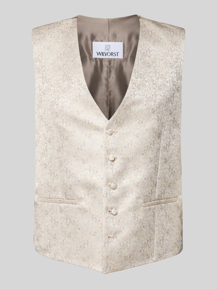 Produktfoto, Weste mit V-Ausschnitt und Leistentaschen von Wilvorst, gemusterter Stoff in Beige mit Knopfleiste und geradem Schnitt.