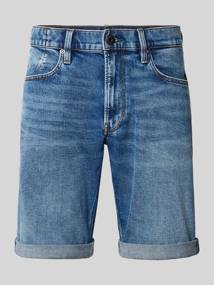 Productfoto, korte jeans van G-Star Raw, model 'Mosa', mix van katoen en elastaan, regular fit, used-look met omslag, heren