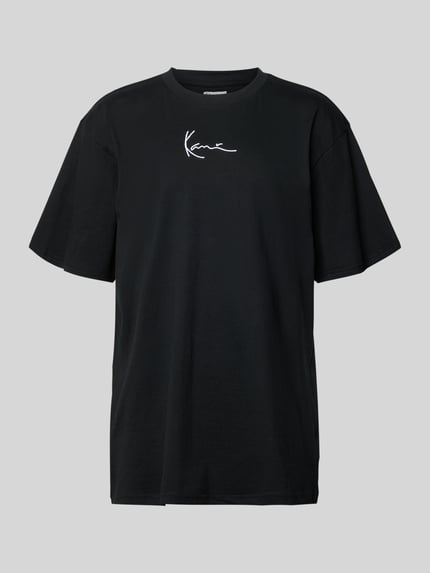 Produktfoto, schwarzes T-Shirt mit weißem Label-Stitching, Reine Baumwolle, Oversized, Rundhalsausschnitt, Herren T-Shirt von KARL KANI