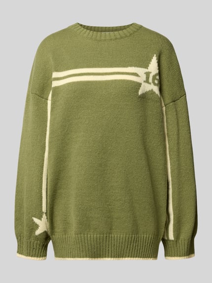 Produktfoto, olivgrüner Strickpullover mit cremefarbenen Sternmustern und Rundhalsausschnitt, Modell 'STAR' von DAISY STREET, Relaxed Fit, Damen Strickpullover, Allover-Look, gerippte Bündchen, Größe S mit 71 cm Rückenlänge und 53 cm Ärmellänge