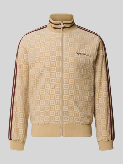 Produktfoto, Regular Fit Sweatjacke mit Label-Stitching von COLUCCI, mieszanka bawełny, wzór w kratę, stójka, zamek błyskawiczny, długość tyłu w rozmiarze M: 62 cm, długość rękawów w rozmiarze M: 65 cm