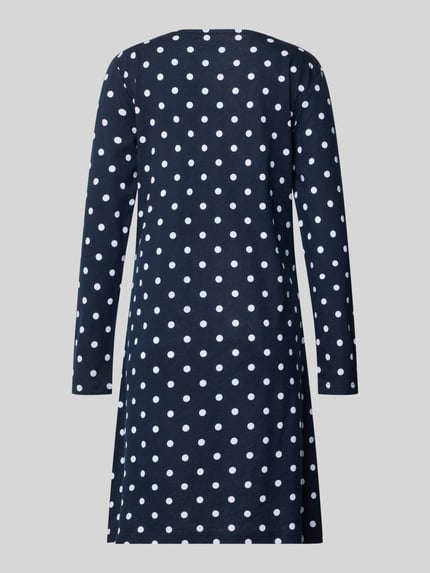 Frauenmodel trägt Nachthemd im Allover-Look mit Stitching von LOUIS & LOUISA, puur katoen, a-lijn, ronde hals, donkerblauw met witte stippen, all-over look, stitching, ganzkörperansicht rückansicht.
