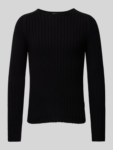 REVIEW Sweter z dzianiny z prążkowanym, okrągłym dekoltem Czarny 2