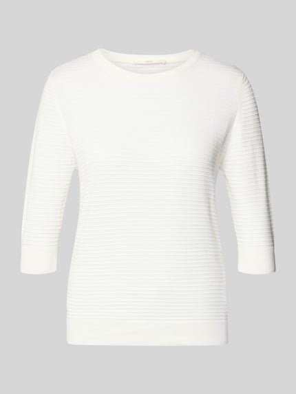Produktfoto, Strickpullover mit 3/4-Arm von Lanius aus reiner Baumwolle, weiß, feine Rippstruktur, Regular Fit, Rundhalsausschnitt.