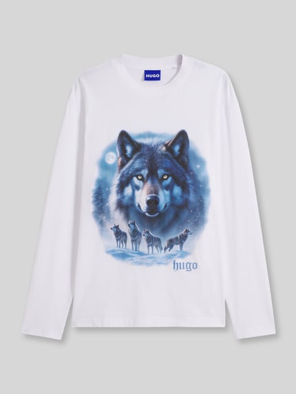 HUGO Blue T-Shirt mit Wolf-Motivprint Weiss 2