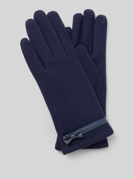 Produktfoto, Handschuhe mit Touchscreen-Finger und Schleifendetail von EEM, dunkelblau, unifarben, strukturierte Oberfläche, Schleifenapplikation, Touchscreen kompatibel