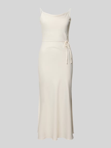 Productfoto, Slim Fit Midikleid met afneembaar stoffen ceintuur model 'Thea' van YAS, elastische materiaalmix, verstelbare spaghettibandjes, lichte crèmekleur, gladde textuur