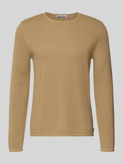 Produktfoto, Basic Strickpullover mit Rundhalsausschnitt und Rollkanten von Review, Herren, Reine Baumwolle, Regular-Fit, sandfarben, feine Struktur.