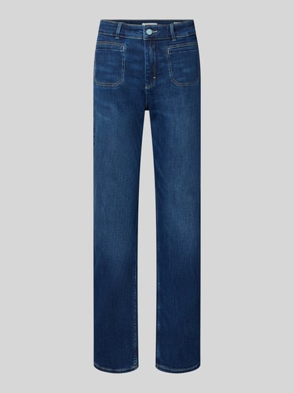 Produktfoto, Straight Fit Jeans aus Baumwoll-Mix von Christian Berg Woman, dunkles Blau, sichtbare Nähte, Taschen vorn und hinten.