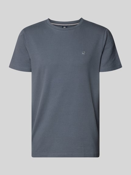 Produktfoto, T-shirt met structuurpatroon en gestikt logo van Lerros, heren katoenmix met stretch, regular fit, ronde hals, ruglengte maat M 75 cm