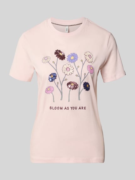 Produktfoto, Slim Fit T-Shirt aus reiner Baumwolle Modell 'KITA' von Only, Optik: Unifarben, Motiv-Print mit Pailletten, Rundhals, Kurzarm, Jersey