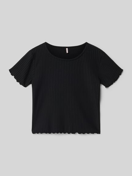 Produktfoto, zwart Regular Fit T-Shirt met viscosemix van Only, model 'KONELLA', effen, korte frillmouwen, stretch geweven textuur