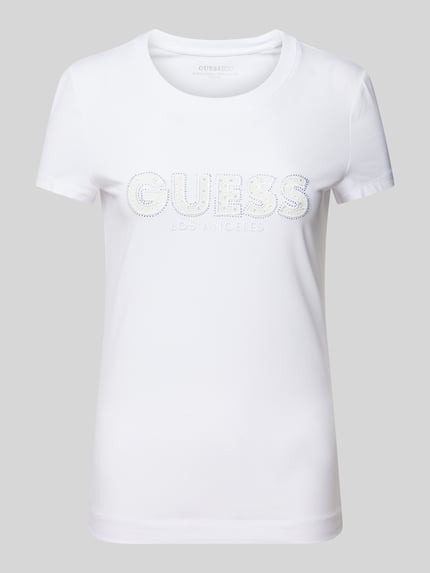 GUESS T-Shirt mit Label-Stitching und Ziersteinbesatz Weiss 2