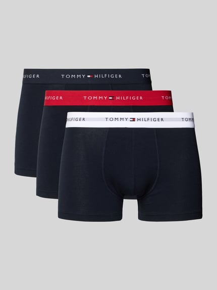 Produktfoto, obcisłe bokserki Trunks aus Baumwoll-Mix im 3er-Pack von Tommy Hilfiger, efekt: jednolity kolor, krój skinny fit, z napisem z logo, elastyczny ściągacz, wielopak: 3 szt., wykończenie materiału: mieszanka bawełny
