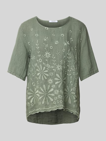 Produktfoto, bluzka lniana Regular Fit Leinenbluse mit Stitchings Model 'La44ura' od ZABAIONE, czysty len, krój regular fit, hafty, okrągły dekolt, długość tyłu w rozmiarze S: 71 cm, długość rękawów w rozmiarze S: 32 cm, zielony, kwiatowy wzór, lekka tekstura