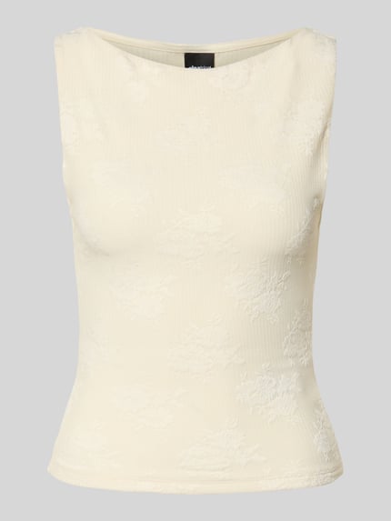 Productfoto, Slim Fit Top met floralem allover-stitching model 'Jacquard' van Gina Tricot in lichtgeel, elastische materiaalmix, ruglengte maat S 47 cm