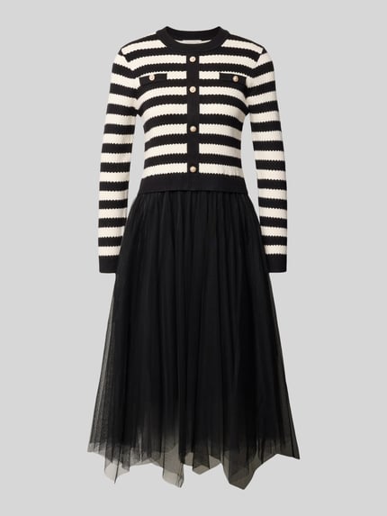 Produktfoto, Knielanges Kleid aus Viskose-Mix im 2-in-1-Look von Apricot, A-Linie, schwarz-weiß gestreiftes Oberteil, Rock aus schwarzem Tüll, Rundhalsausschnitt, Knopfleiste, lange Ärmel, strukturierte Oberfläche