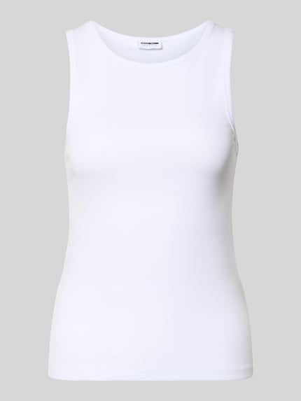 Produktfoto, weißes Damen Tanktop in Ripp-Optik Modell 'MAYA' von Noisy May aus Baumwoll-Elasthan-Mix, Regular-Fit, Rundhalsausschnitt