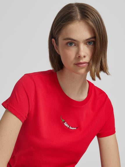 REVIEW T-shirt met motiefstitching Kersenrood - 3