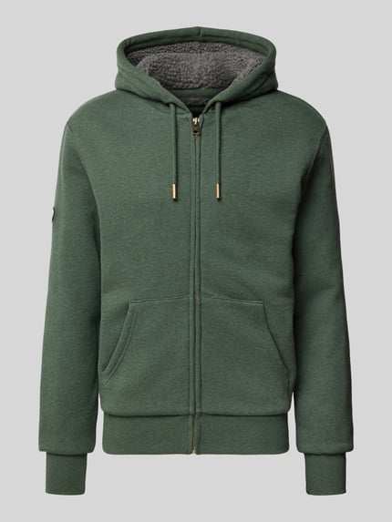 Produktfoto, Regular Fit Sweatjacke mit geteilter Känguru-Tasche Modell 'Borg' von Superdry in Dunkelgrün, kapuzen, faktura miękka, krój regular fit, długość tyłu w rozmiarze M: 71 cm, długość rękawa w rozmiarze M: 72 cm